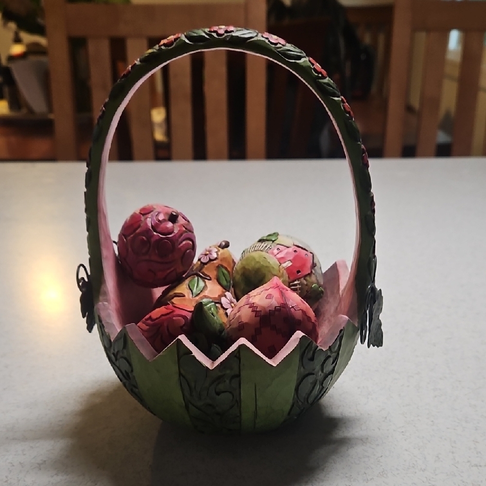 Jim Shore Green Basket with Pink and Red Accents